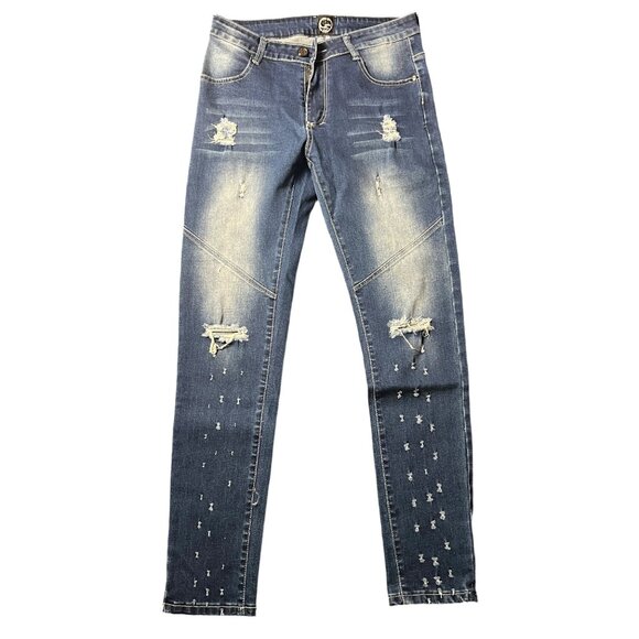 Men’s Distressed Blue Denim Skinny Jeans - Picture 1 of 2